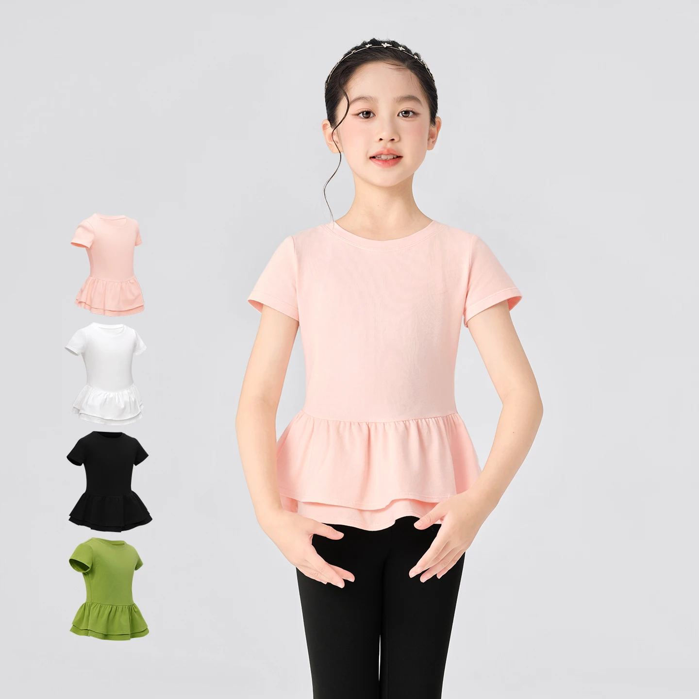 

Kids Girls Dance Tops Double-layer Ruffles Tops Round-neck Blouse Summer Classical Cotton Short Sleeve Ballet Dance Tops