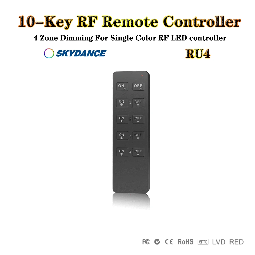 Skydance R1/R2/RU4/RU8 1-8 Zone Dimming 10-Key RF Wireless Remote Controller For Single Color Or Dual Color LED Controller