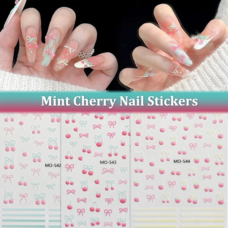 

1 Sheet Kawaii Cherry Bow Nail Stickers 5D Cute Fruit Design Adhesive Decorative Stickers Nail Art Stickers