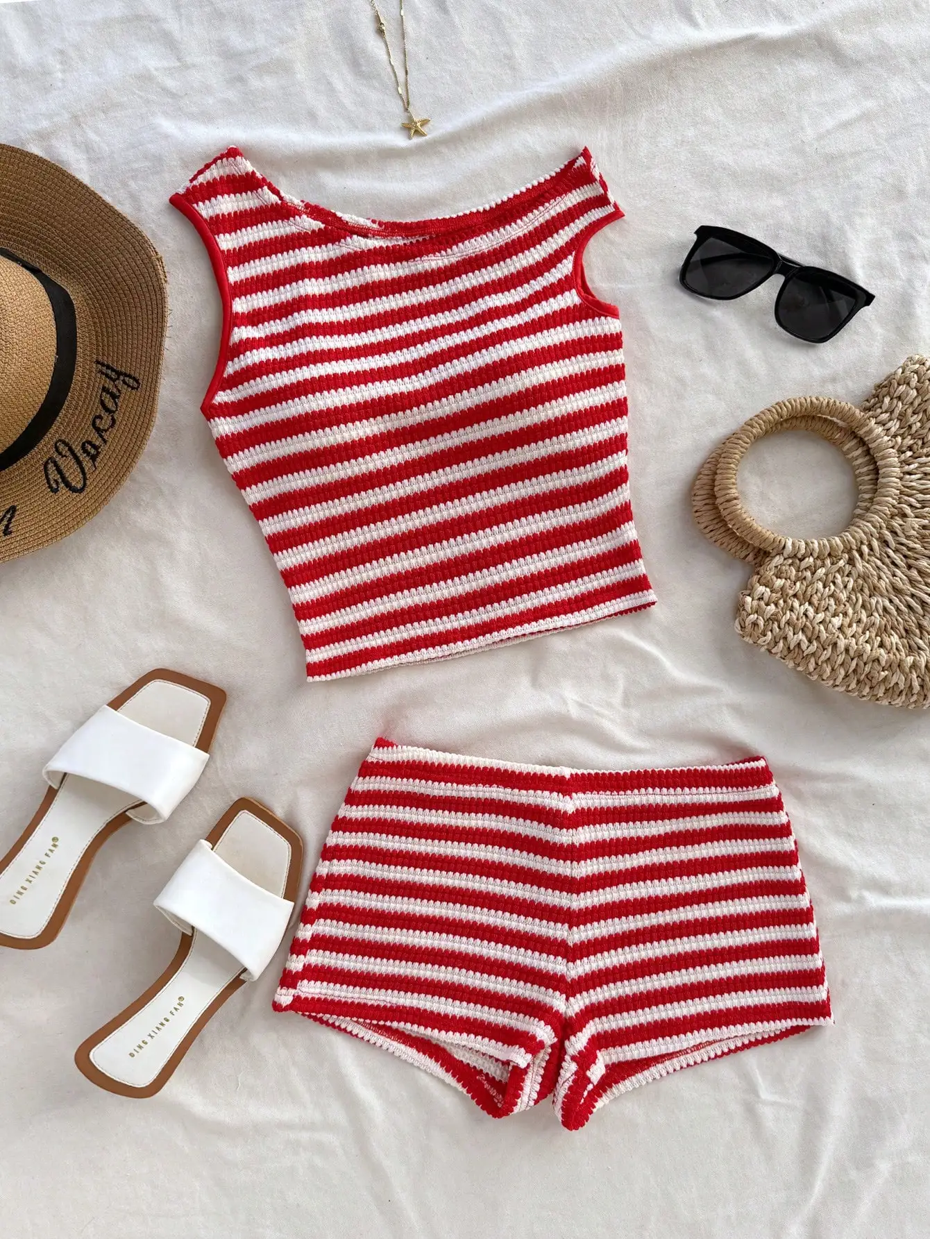 Red & White Striped Knit 2-Piece Set: Shoulder-Baring Top & Low-Rise Shorts for Summer Beach, Party, Cruise