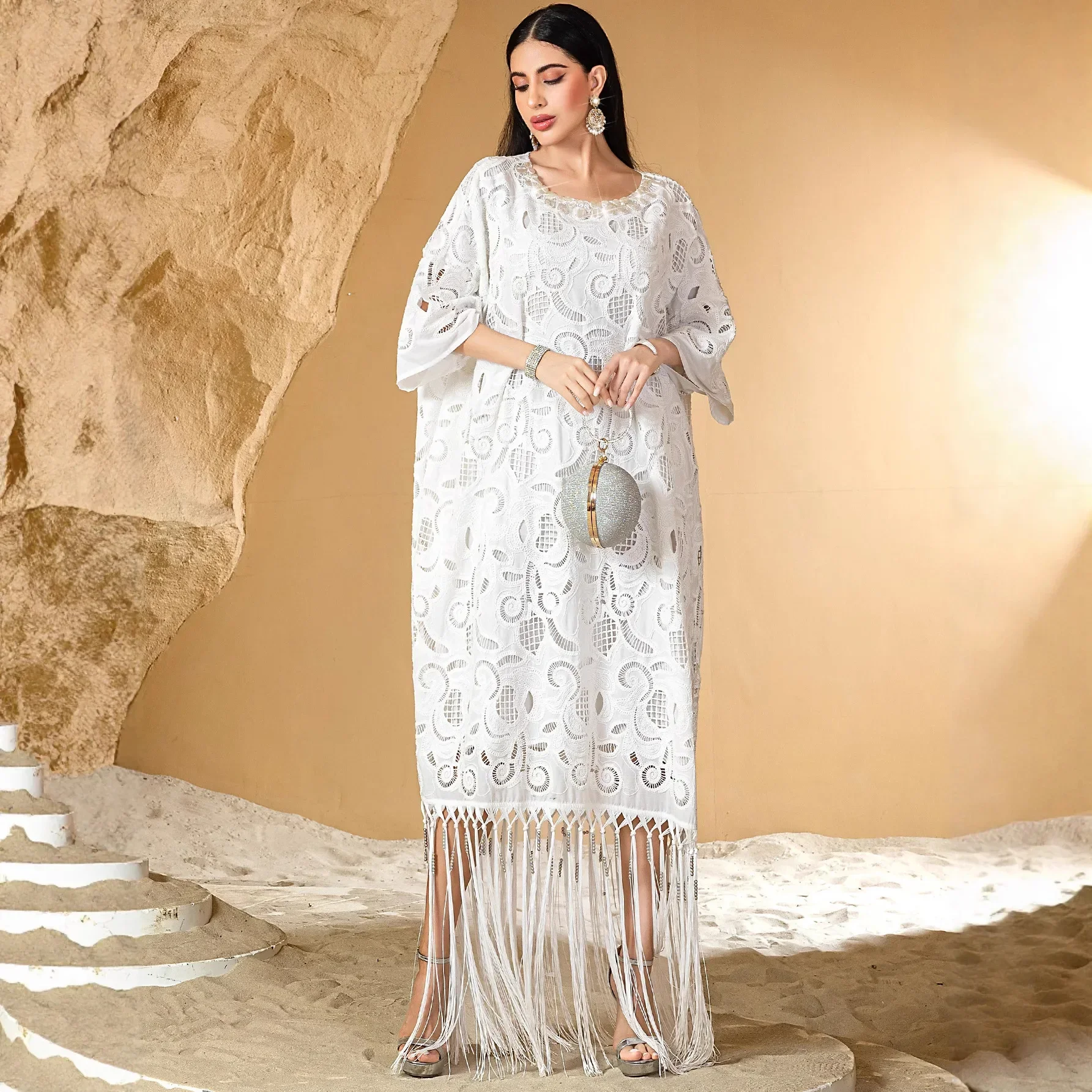 

Elegant Muslim Women White Lace Embroidery Maxi Dress Abaya Tassel Kaftan Turkey Kebaya Caftan Marocain Femme Evening Party Gown