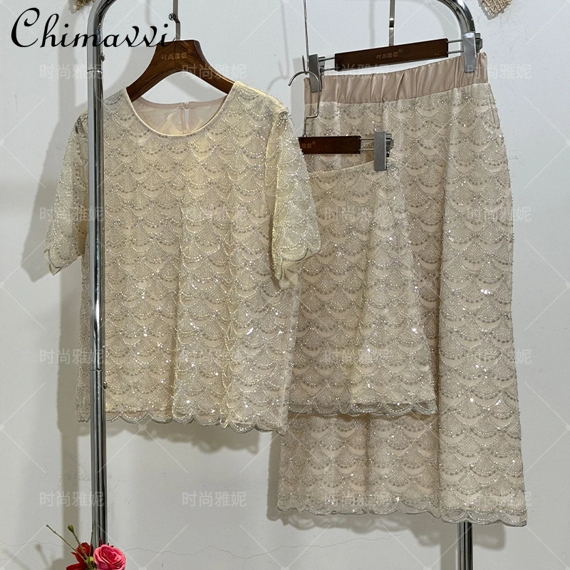 

Fashion French Loose Round Neck Short Sleeve Pullover T-shirt Tops Sequined Mid-Length Lace Skirt Female Skrit Sets Elegant 2pcs