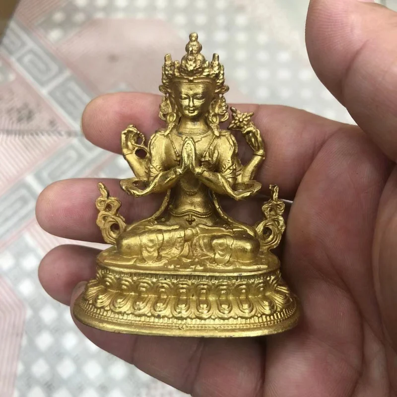 Antique Miscellaneous Antique Old Copper Ware Gilding Four-Armed Avalokiteshvara Acalanatha Dianmu Tibetan Buddha Ornaments Craf