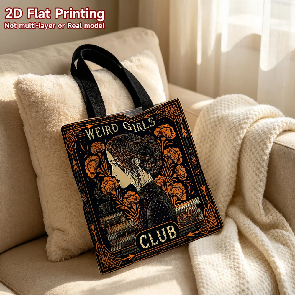 Gothic Weird Girls Club Canvas Tote Bag Vintage Dark Floral Print Reusable Shoulder Shopping Bag Present For Women Readers