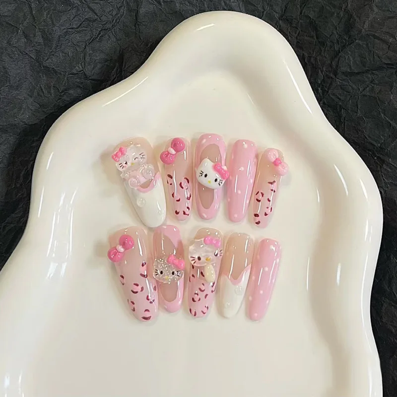 30 pçs rosa olá kitty longo amêndoa unhas falsas leopardo arco bolinhas kawaii capa completa imprensa em unhas diy manicure decorações