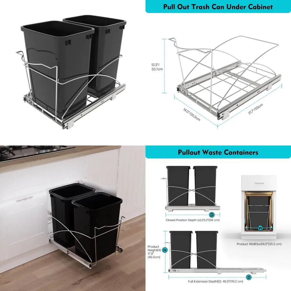 

Heavy-Duty Kitchen Pull-Out Trash Can with Soft-Close Slides, 14 Wide x 22 Deep, Full Extension Drawer for Waste Management