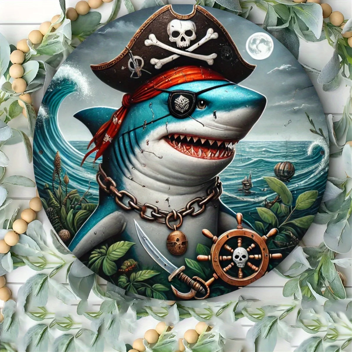 2D Flat - 1pc a 2D Flat Printed Metal Sign Measuring 7.87X7.87inch, Featuring a Festive Pirate Shark Design. This Durable Circul