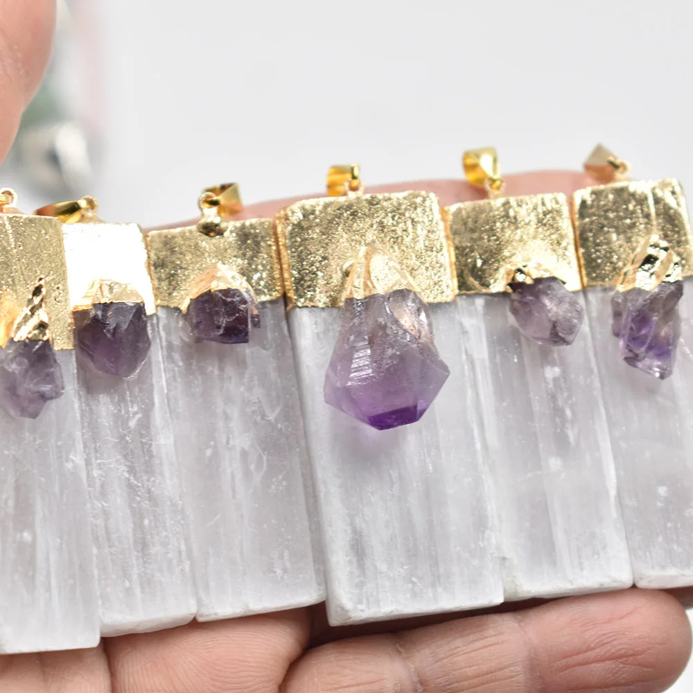 wholesale 6pcs/lot natural Selenite Plaster amethysts Pendants Rock Mineral Specimen Jewelry Reiki Healing Energy Charms