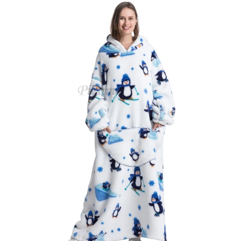 Women Plus Size Clothes Winter Hoodies Christmas Penguin Animal Cartoon Oversized TV Blankets Sleeping Blanket Adult Pullovers