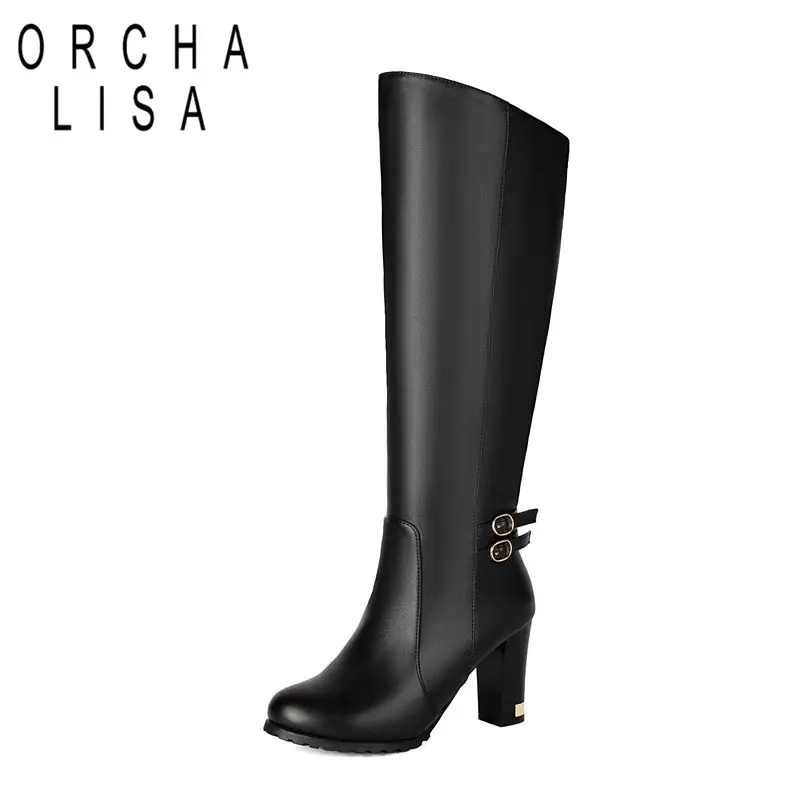 

ORCHA LISA Simplicity Knee High Boots for Women Round Toe 8.5cm Chunky Heel Zipper Belt Buckle Sexy Dating Bota Big Size 42 43