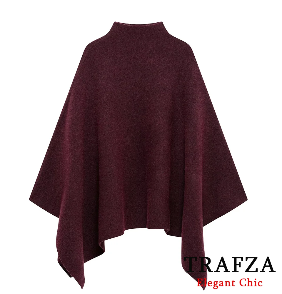 TRAFZA-Women Elegant Knitted Cape Coat Asymmetrical Burgundy Coat New 2024 Fashion Fall Winter Classic Vacation Dinner Date Coat