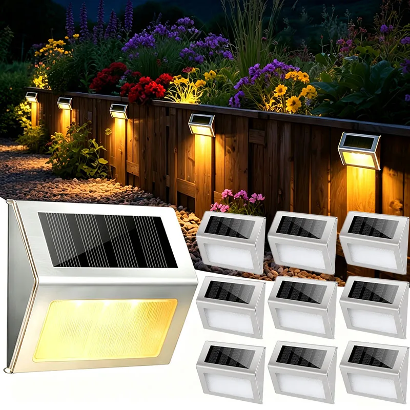 Solar Lights Outdoor LED Fence Lights Waterproof Stainless Steel Outside Step Lighting for Backyard Yard Walkway Stairs