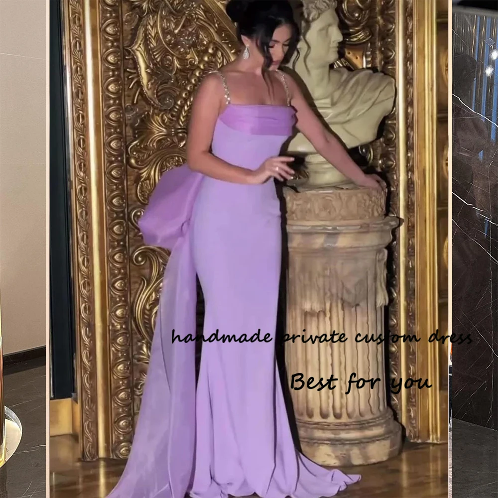 Lavender Mermaid Evening Dresses for Women Beaded Straps Strapless Arabian Dubai Formal Prom Dress with Train Evening Gowns