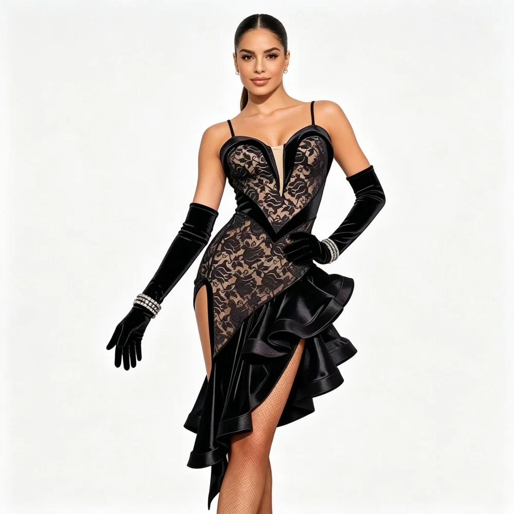 2026 New Luxury Custom Latin Dance Dress Women Deep V Backless Lace Salsa Cha Cha Competition Stage Costume