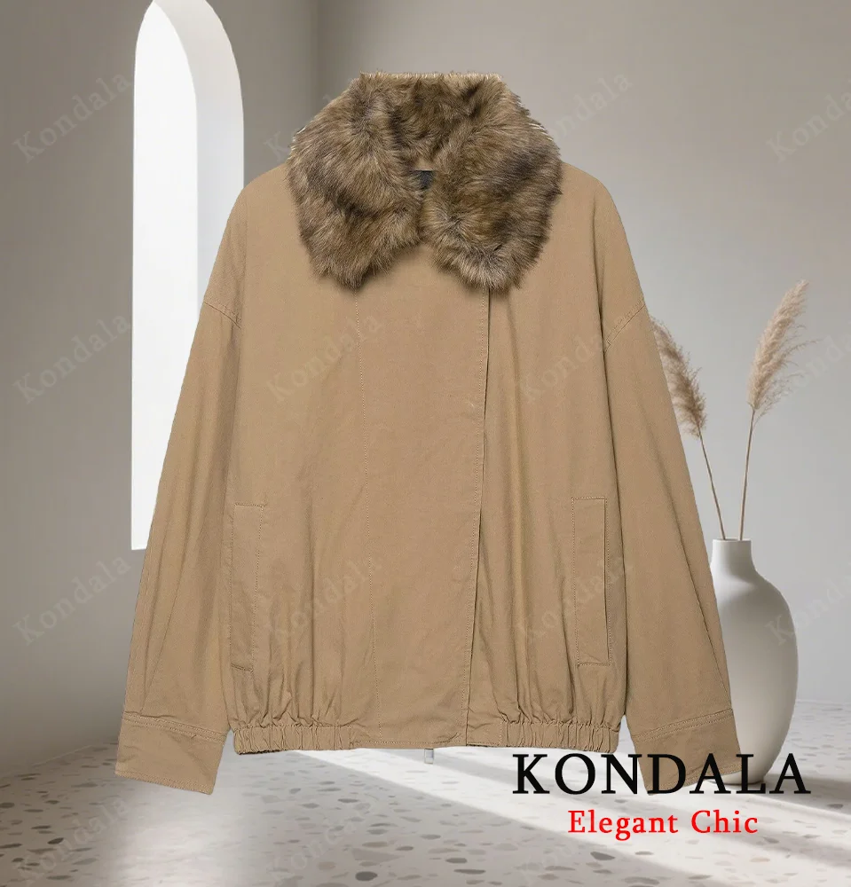 

KONDALA женское винтажное элегантное пальто с воротником из искусственного меха цвета хаки, куртка на молнии, пальто 2021, осень/зима, модное повседневное женское осеннее пальто