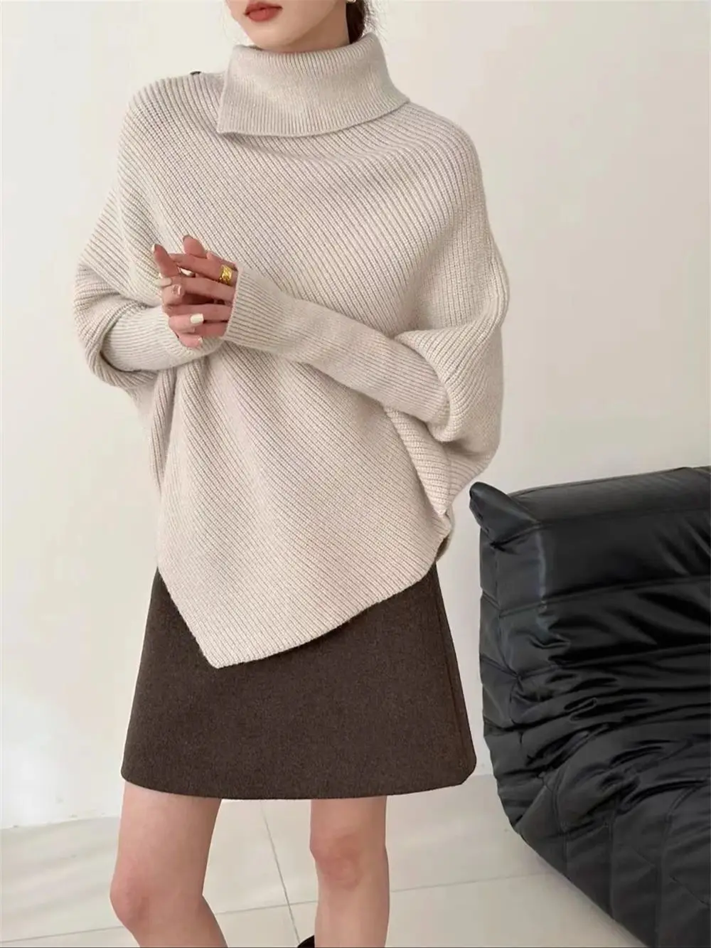 

Women's Autumn Winter New Lazy Style Gentle Korean Japanese Loose Thick Knitted Tops Gifts Irregular Turtleneck Pullover Sweater
