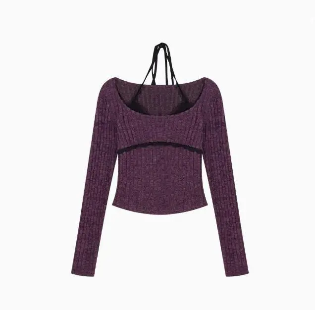 Frühherbst Lila gefälschter zweiteiliger Spitzen-Strickpullover mit hängendem Hals für Damen im kurzen Stil