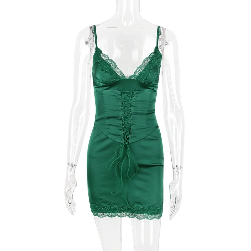 스파게티 스트랩 레이스 여성 붕대 드레스 딥 V넥 플리츠 이브닝 가운 다양한 색상 슬림 파티 스커트 핫걸 재고 있음