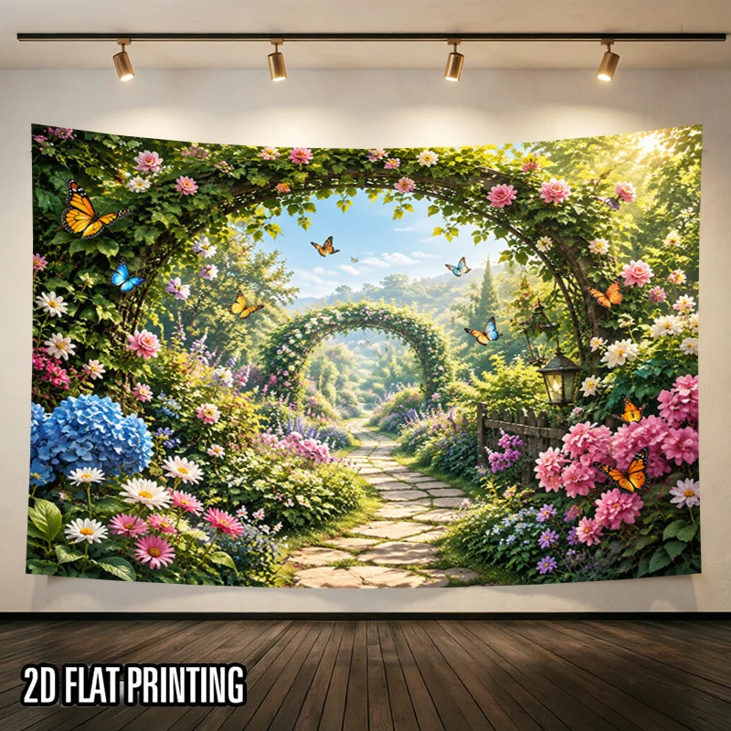Secret Garden Arch Tapestry Wall Hanging, Vine Flower Tunnel Butterfly Nature Print for Party Living Room Wall Hanging Decor