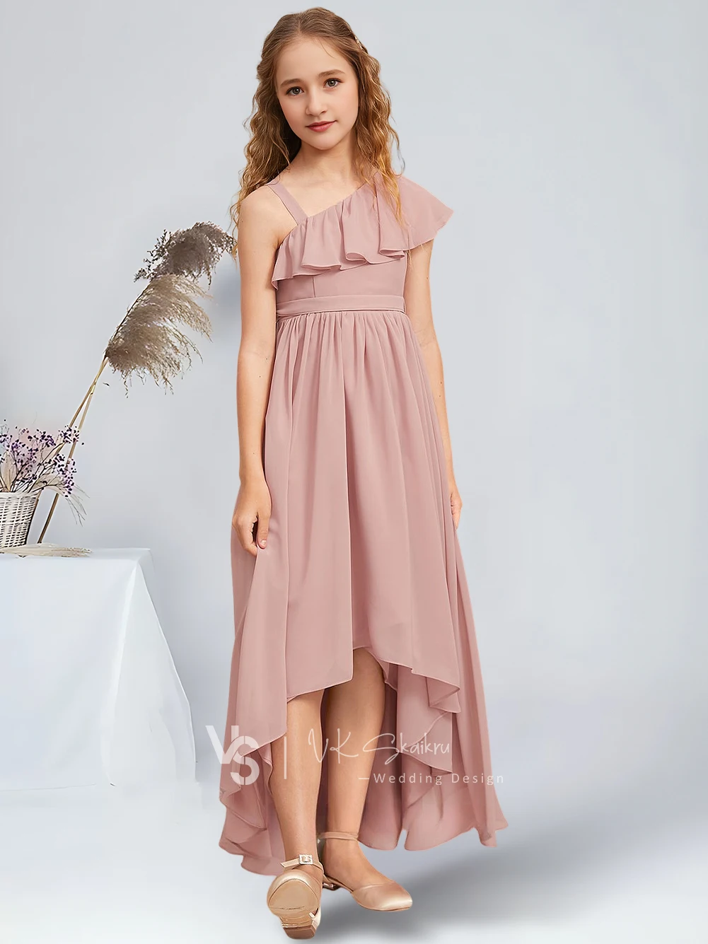 Abiti da damigella d'onore junior eleganti in chiffon asimmetrico a-line Dusty Rose Affascinanti abiti da ragazza di fiori Festa Matrimonio Bambini Danza