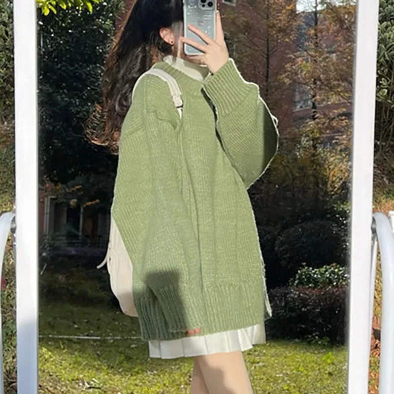 

Green O-Neck Preppy Style Pullover Sweater 2023 Women's Loose Casual Knitted Sweater Autumn New Simple Style Office Lady Sweater