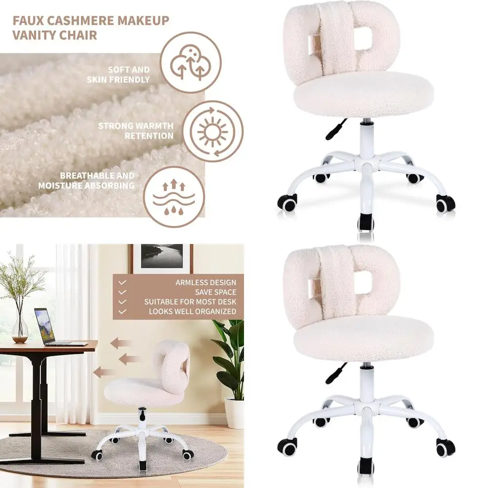 

Elegant Faux Cashmere Swivel Chair with Adjustable Height and Wheels for Home Office or Living Room, Ideal for Makeup Vanity Use