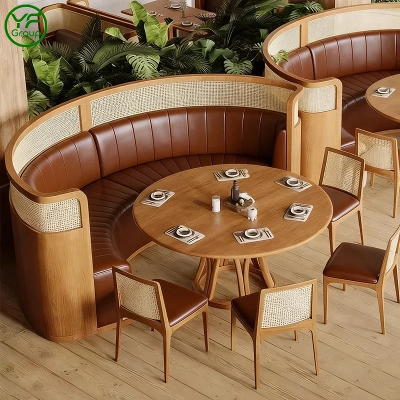 Custom Luxury Restaurant Furniture Curved Rattan Wood Booth Sofa Leather Fabric Booth Seating for Cafe Hotel
