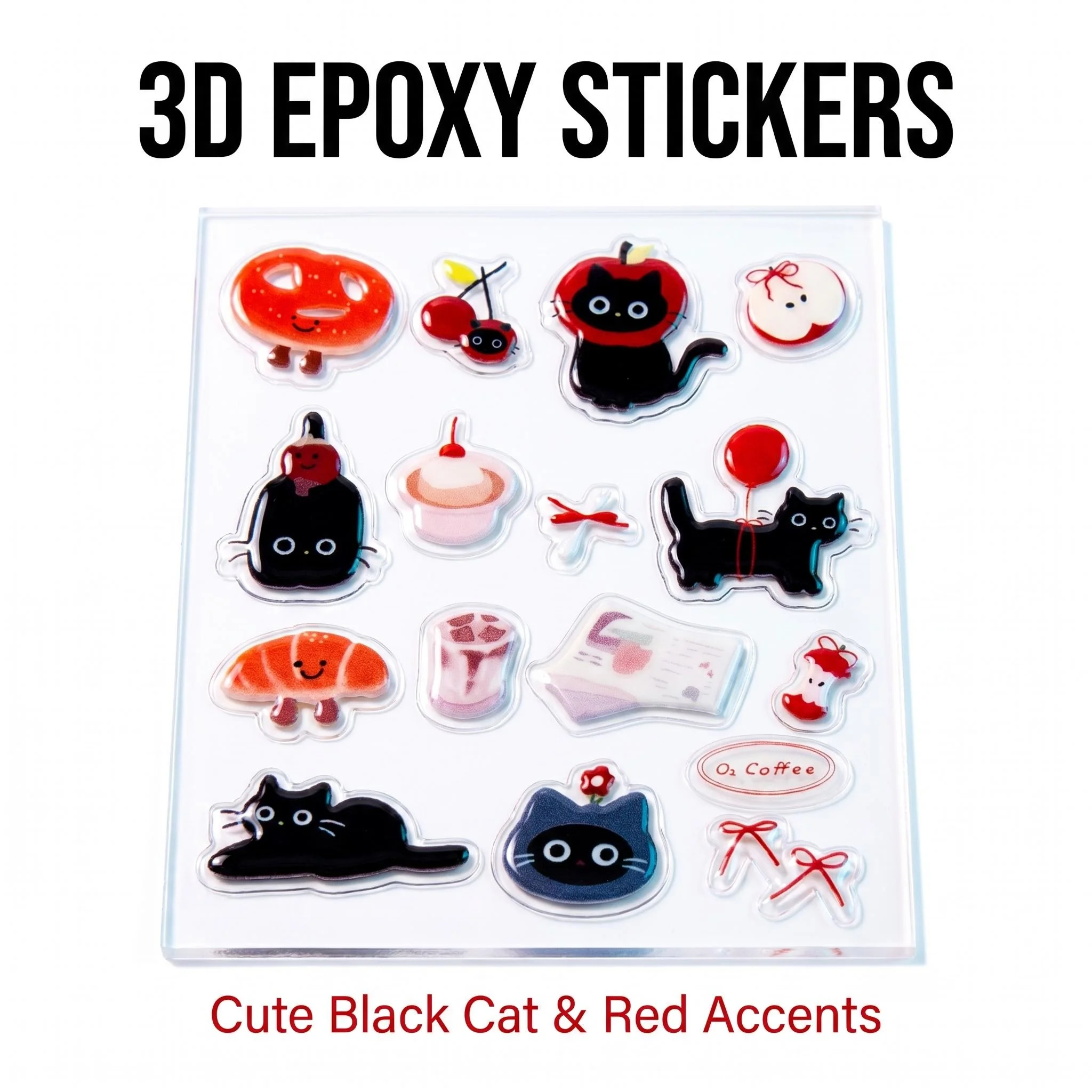 1 Sheet 3D Epoxy Resin Transparent Decals INS Cute Black Cat Cartoon Jelly Relief Sticker DIY Phone Cases Laptop Tablet Decor
