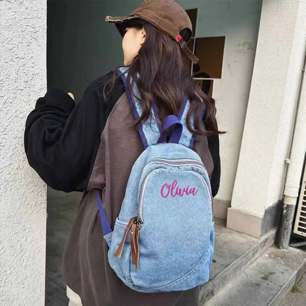 Personalized Name Denim Backpack Large Capacity Women's Men's Travelling Multifunctional Denim Bag Custom Retro Outdoor Bags