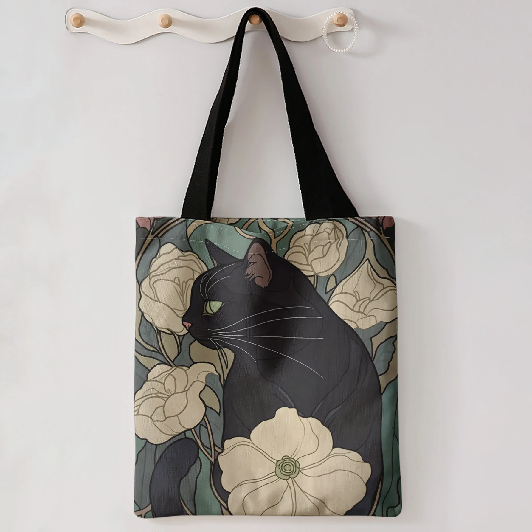 Art Nouveau Black Cat White Vintage Floral Print Tote Bag Large Capacity Shoulder Bag For Shopping Travel Daily Use