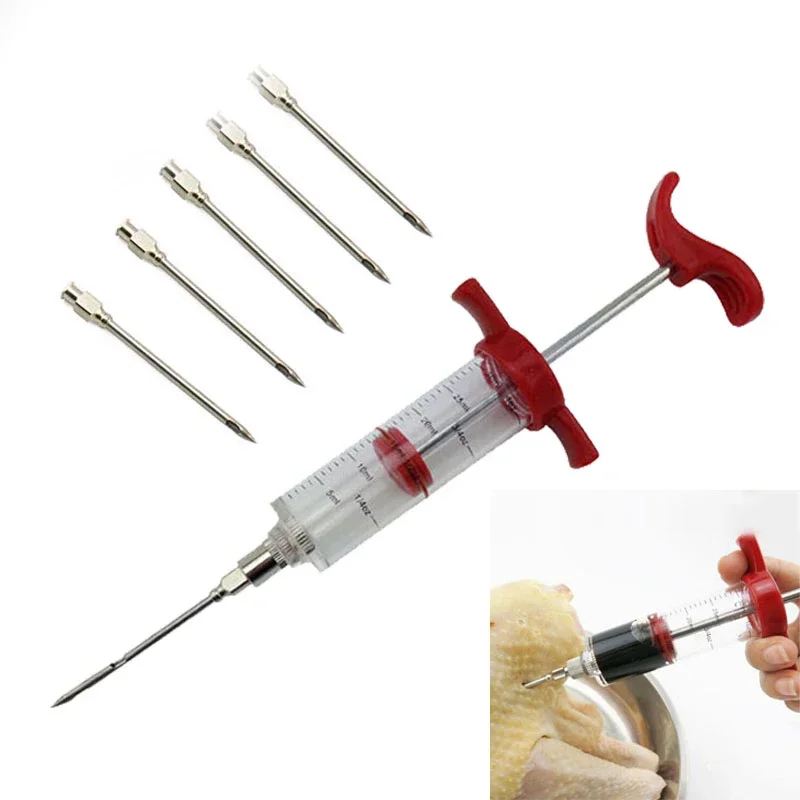 5 Needles Stainless Steel Needles Spice Syringe Set BBQ Meat Flavor Injector Kithen Cooking Sauce Marinade Accessories