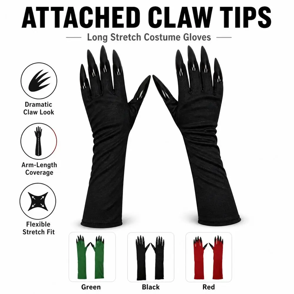 1pair 3D Nails Ghost Claw Gloves Elbow Length Stretch Fabric Long Nail Gloves Solid Gothic Style Halloween Claw Gloves