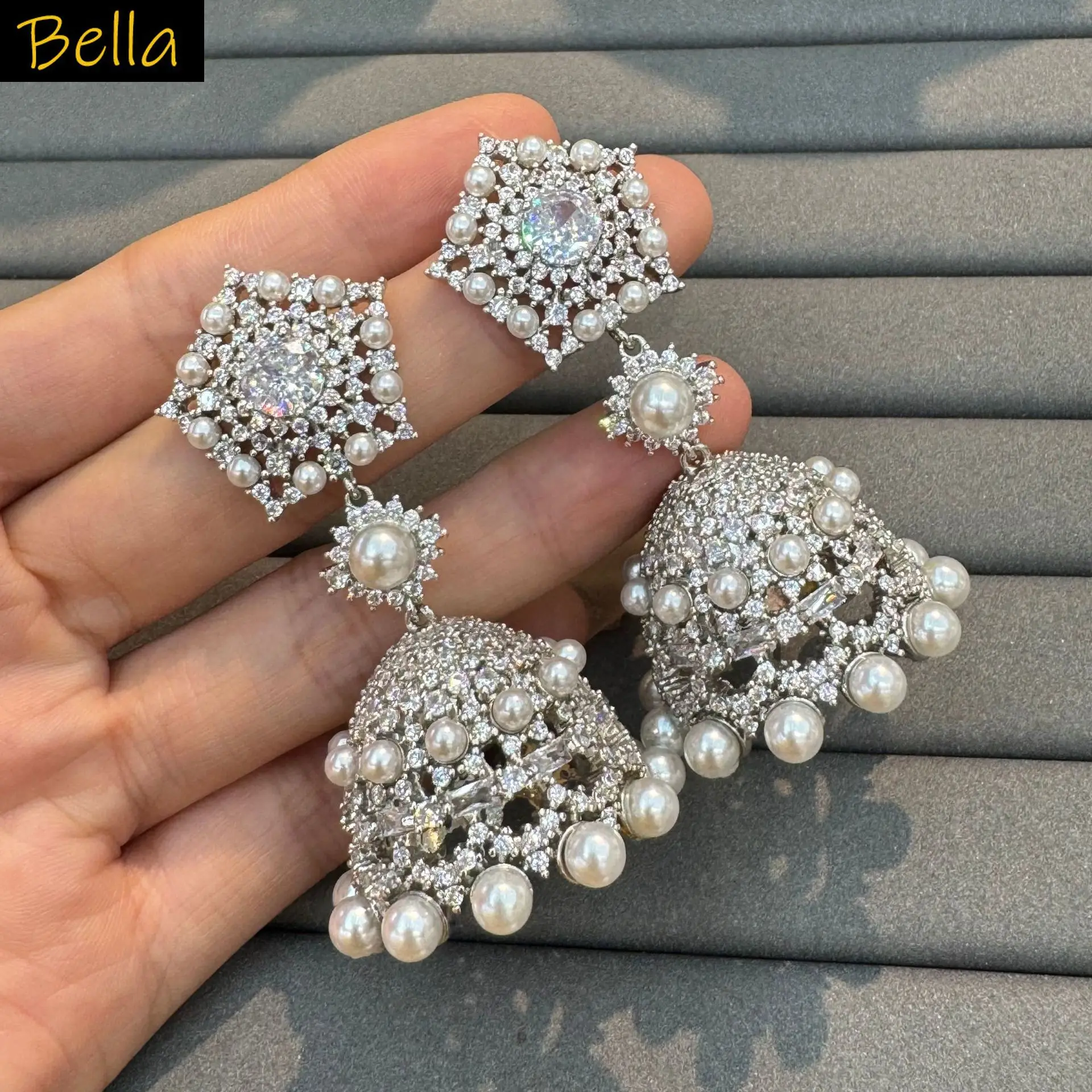 

luxury large bell earrings for women dinner party wedding jewelry mini beads earrings multicolor white zirconia