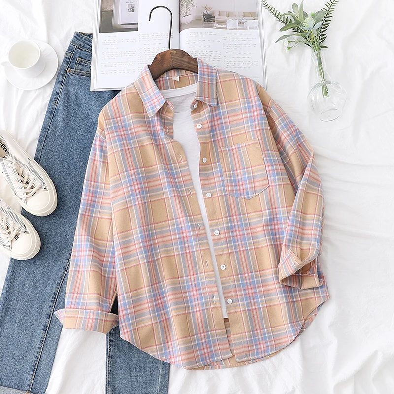 2024 Autumn New Casual Plaid Shirt Women Elegant Loose Design Female Long Sleeve Shirts & Blouses Lady Checked Tops Clothes