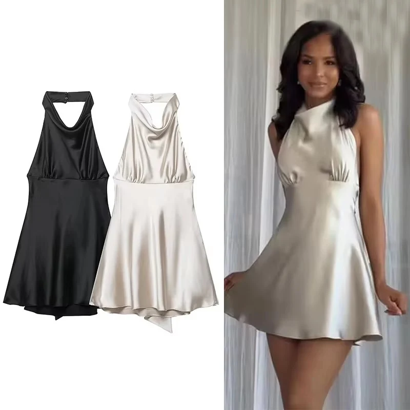 Chic Sexy Satin Halter Dress Backless Bow Slim Mini Dresses For Women 2025 Summer Fashion Party Dating Short Dresses