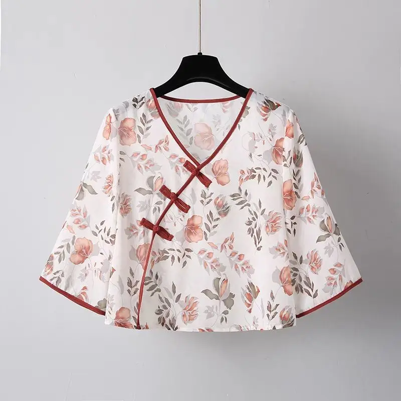 Vintage Chinoiserie Printed Short Sleeve T-shirt Sexy Suspender Chiffon Dress Two-piece Elegant Women Party Dress Summer Outfits