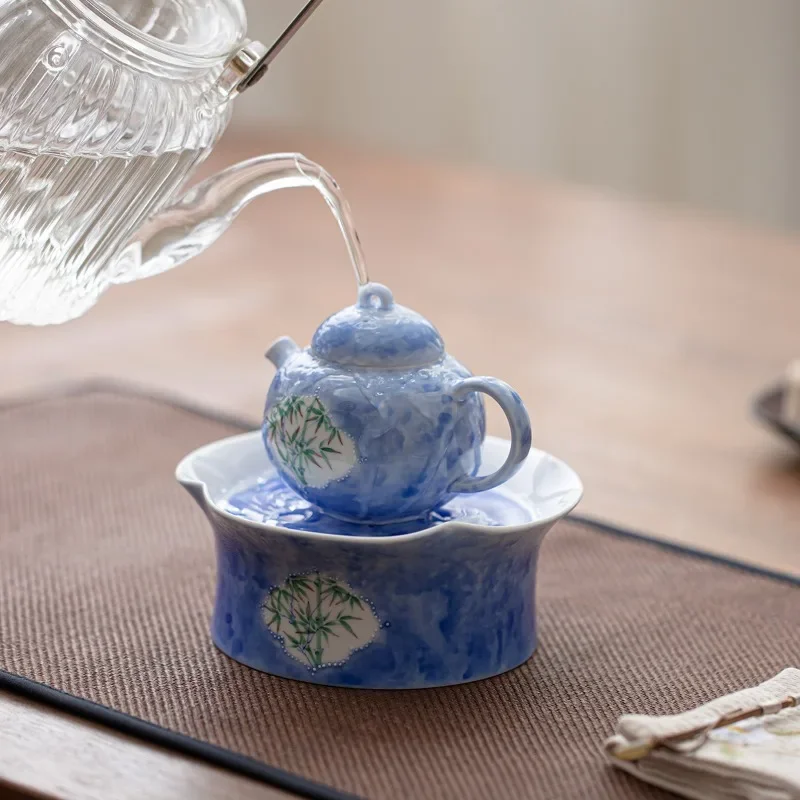 Hand Painted Underglaze Blue Bamboo Shadow Ceramic Tea Tray Serving Plate Filter Tea Dish Home Kung Fu Tea Set
