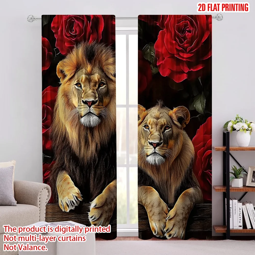 

2Pcs 2D flat printingRose Flower Curtain Animal Lion Modern Style Home Room Suitable For Bedroom Living Room Dining Room And
