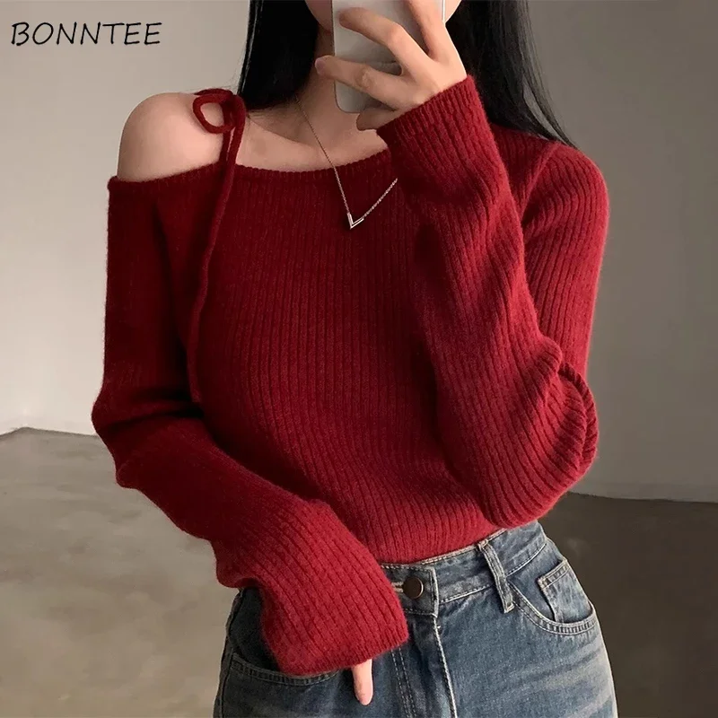 

Off Shoulder Sweater Women Autumn Winter Vintage Irregular Chic Design Slim Pullovers Daily Korean Style Slouchy Knitwear 2024