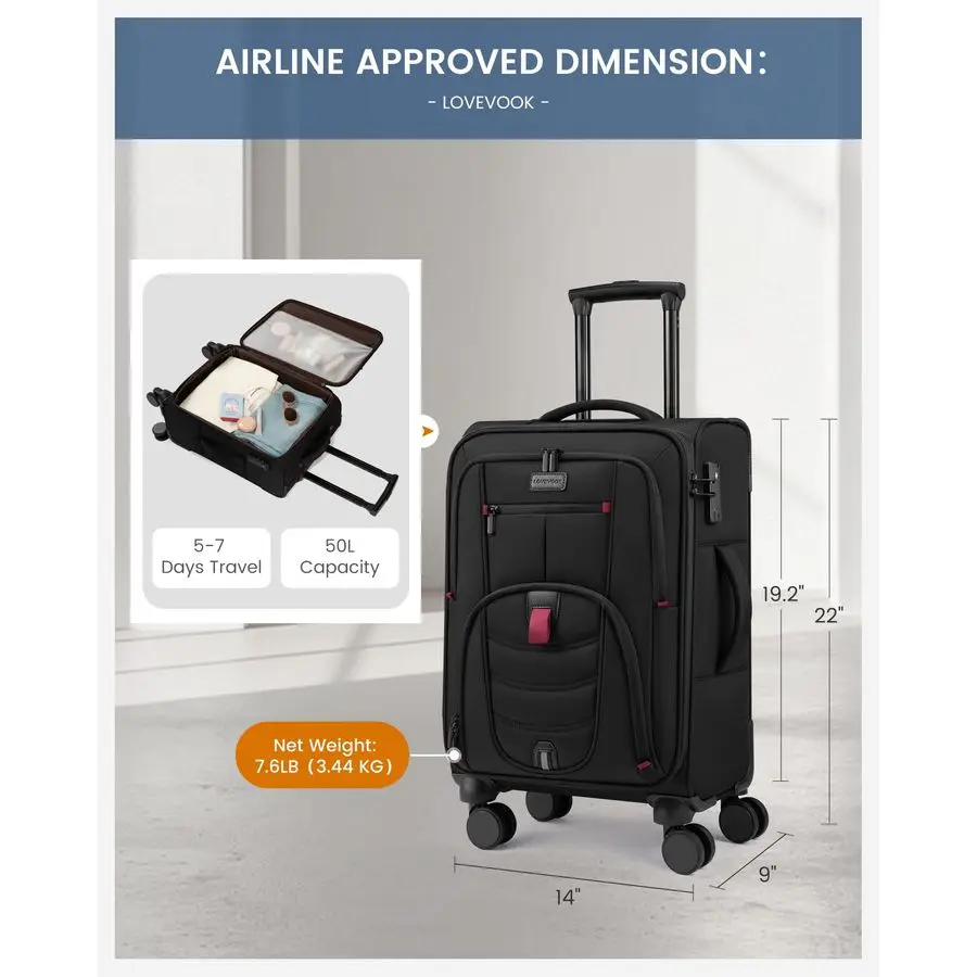 على الأمتعة 22 × 14 × 9 معتمدة من شركة الطيران، حقائب مقاس 22 بوصة مع عجلات دوارة، حقيبة حمل ناعمة مع قفل TSA للرجال والنساء #4