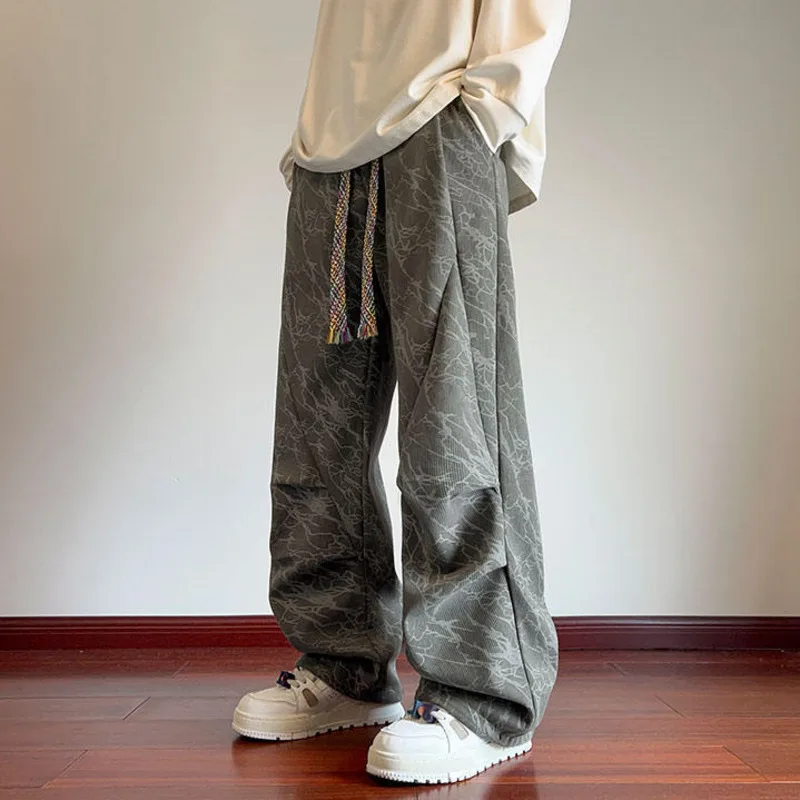 Luzhen 2025 moda inverno design plissado cordão cintura elástica em linha reta calças casuais masculinas calças de rua originais jy4843