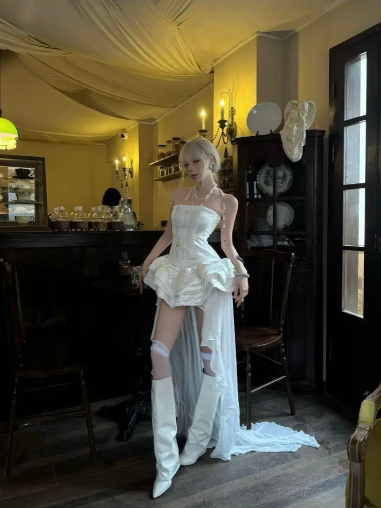 Summer French Princess Coquette White Strapless Tube Corset Tiered Ruffle Train Mini Dress Women Girls Cocktail Party Daily Wear