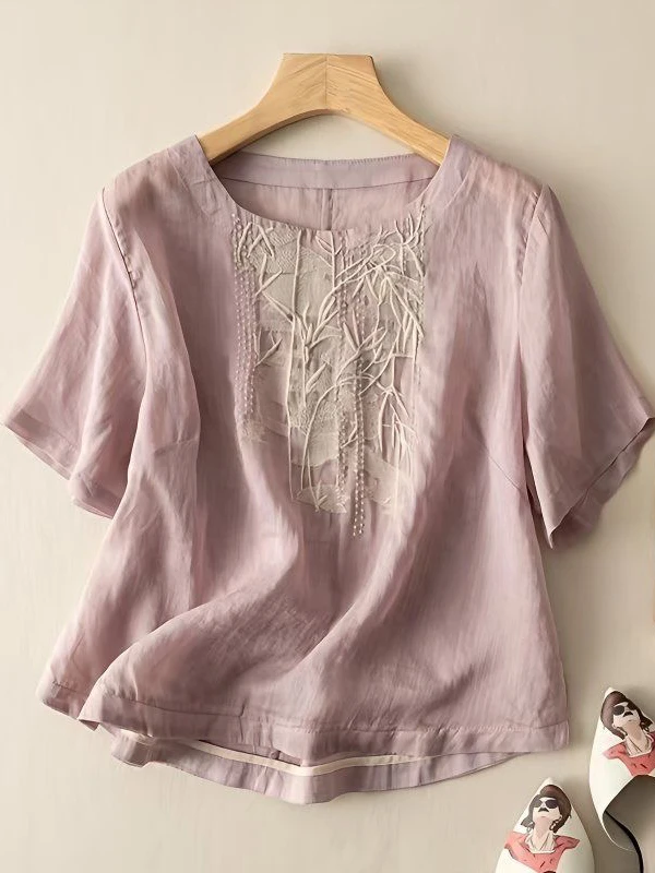 

Футболка из хлопка и льна в стиле ретро, женская летняя легкая свободная футболка с вышивкой и тяжелой вышивкой, винтажный топ