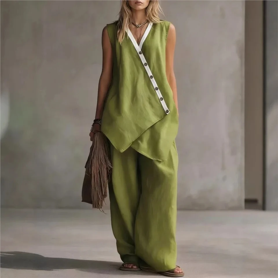

Women's New Bohemia Casual V Neck Irregular Button Vest Suit Fashion Loose Wide-leg Trousers 2-piece Set Female 2026