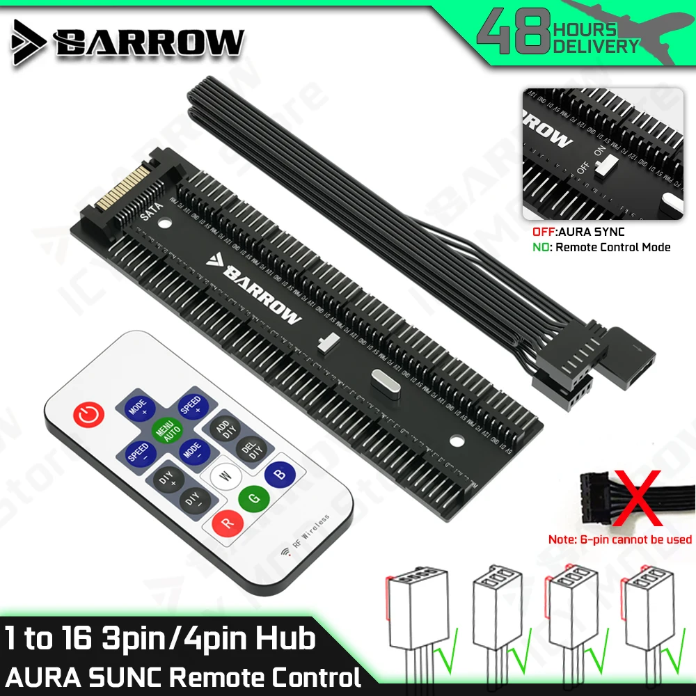 Barrow 16 Port Fan Controllers Hub Full Function RGB 16 Way for 4PIN 3PIN Interface Powered Remote Control DK301-16