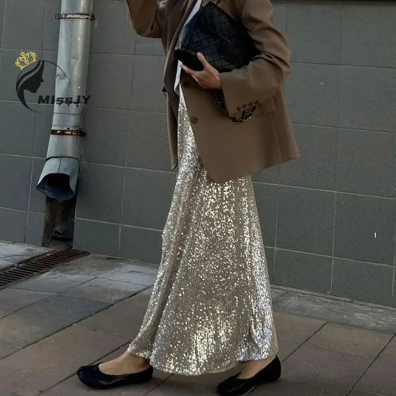 

Fashion Sequins Skirt For Women Elegant Long High Waist Skirts Office Lady Casual Loose Skirt Street Wear