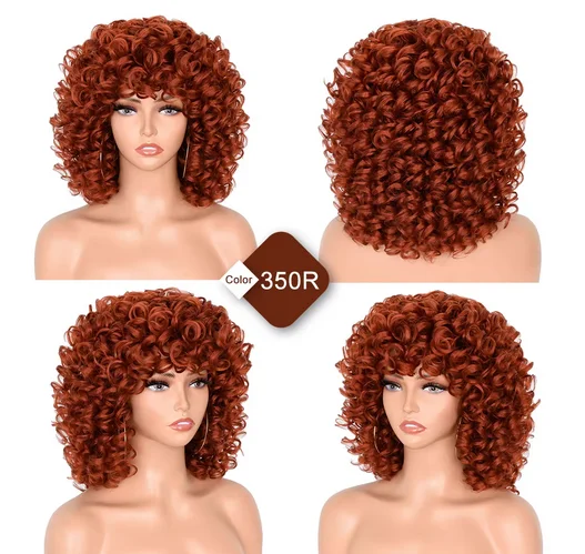 Krótkie włosy Afro peruki z kręconymi włosami z grzywką dla czarnych kobiet puszyste syntetyczne naturalne włosy Ombre Cosplay blond brązowa peruka