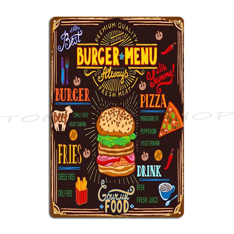 Burger Menu Metal Sign Club Custom Printing Wall Decor Custom Tin Sign Poster