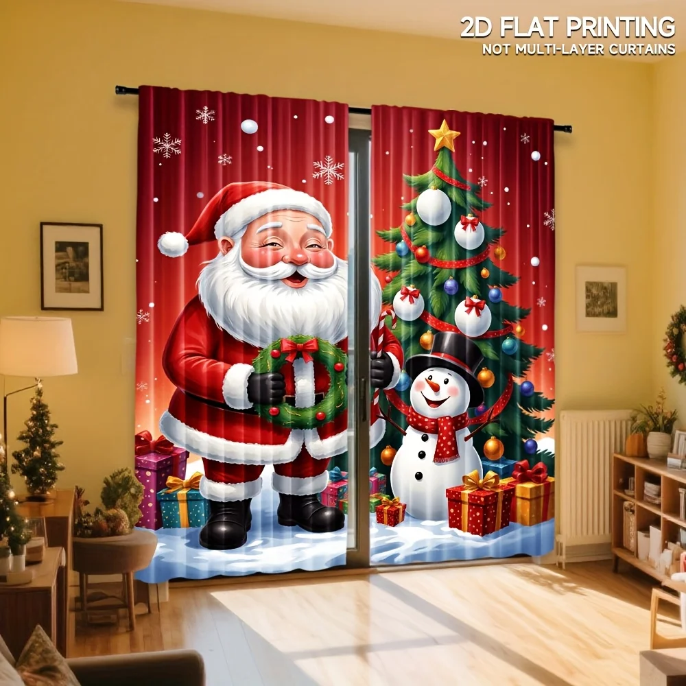 Merry Christmas Festive Pattern Rod Pocket Window Curtains Holiday Home Decor for Living Room and Bedroom