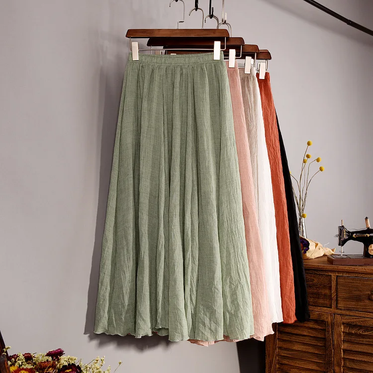 Cotton Linen Skirts For Women\'s High Waist a-Line Long Pleated Skirt Casual Solid Color Elastic Waist Draping Summer Beach Skirt